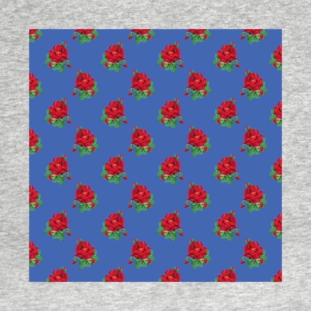 Red vintage roses on royal blue by bettyretro